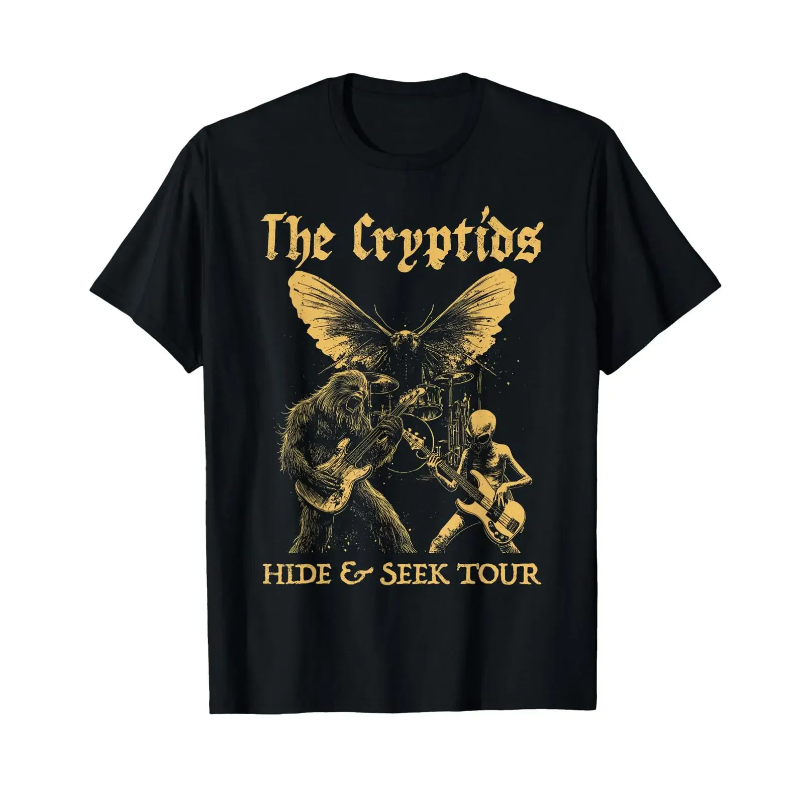 The Cryptids Bigfoot Alien Mothman Grunge Heavy Metal Rock T Shirt vintage Washed Top For Everyday Wear Comfortable Unisex