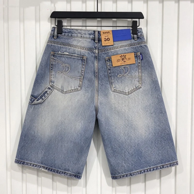 Blue Retro Washed Old Burrs DUAA Shorts Curved Colored Rhinestone Straight Denim Midpants Men Women Streetwear Casual Jeams