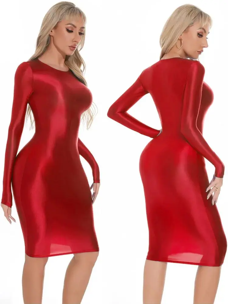 M XL Glossy Shiny Long Sleeve Midi Dress Tights Package Hip Vestido OL Cosplay Dresses Sexy Bodycon Bodystocking Robe Clubwear