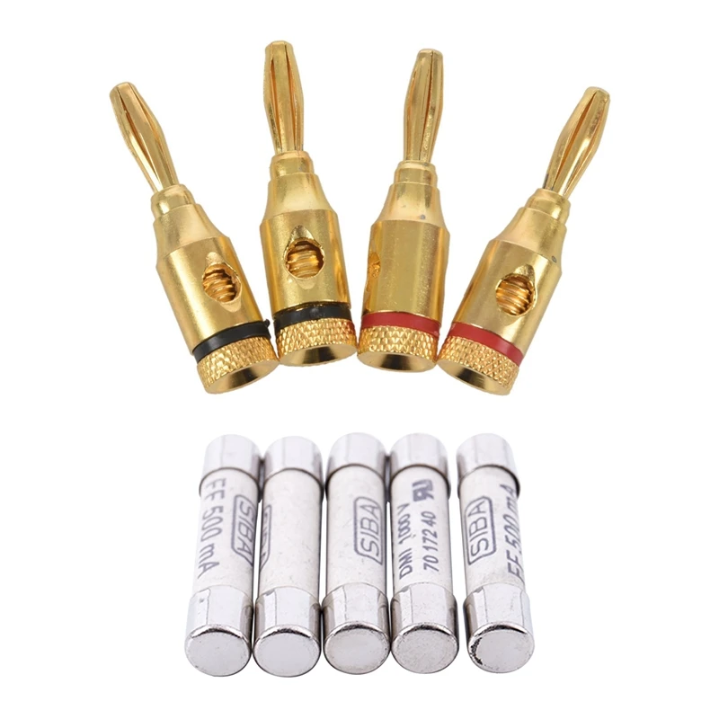 4 tapones tipo banana de 4 mm con 5 piezas de cerámica plateada + blanca 1000 V 500 MA 6,3 x 32 mm fusible de cerámica blanca