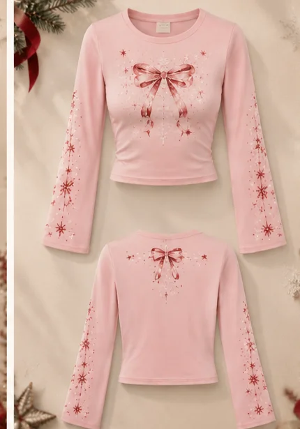 Y2K Christmas Bow Snowflake Long Sleeve Crop Top for Women, Slim Fit Vintage Holiday Fairycore Shirt