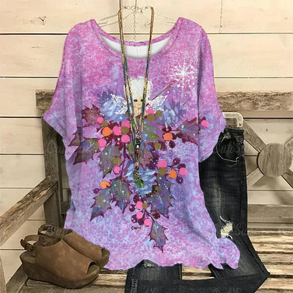 Women O-Neck T-Shirts Floral Print Casual Pullover Loose Short Sleeves Purple Oversized Tee Shirt Female Fashion Clothing Summer