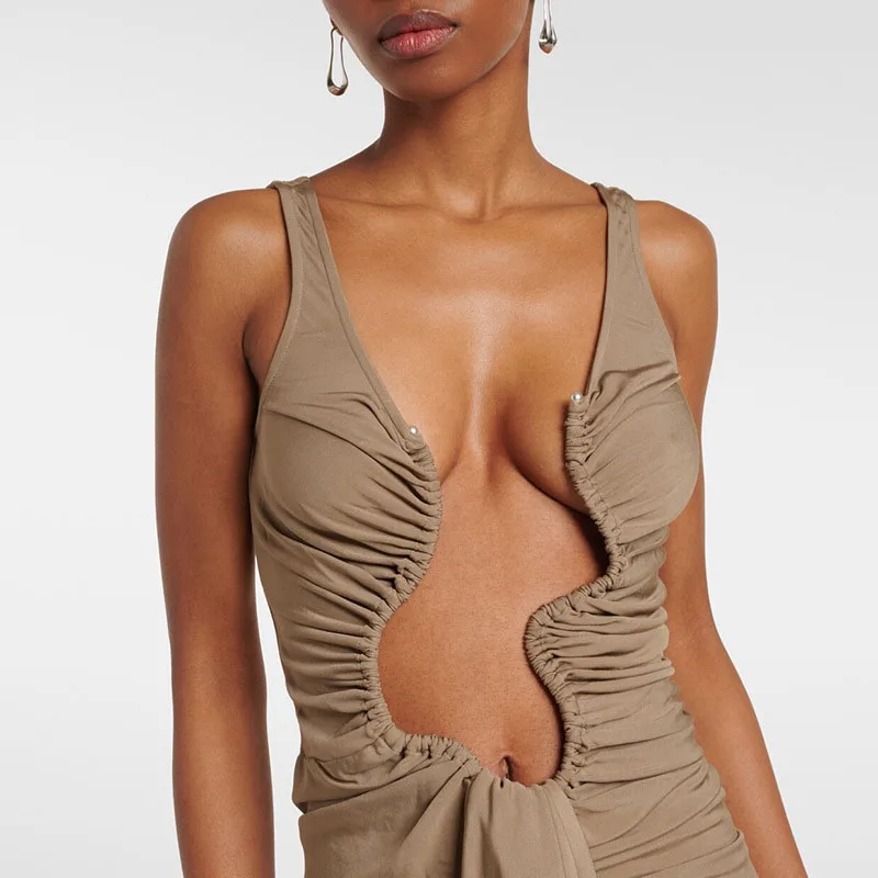 Primavera Verano sin mangas elegante vestido largo mujer Sexy U asimétrico hueco volante vestido de fiesta elegante sólido ajustado vestido con cremallera sin espalda