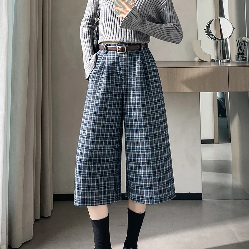 Vintage Plaid Capris Pants Women Autumn Winter Thick Woolen Pants High Waist Wide Leg Fashion Casual Boot Pants Female with Belt