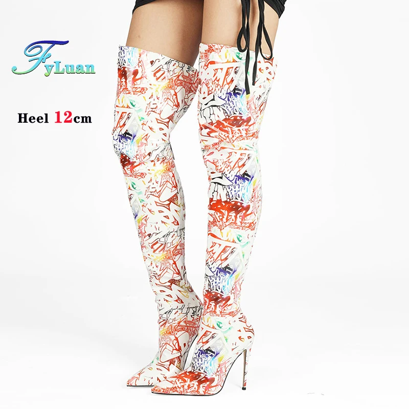 

Graffiti Style Women Slim Leg Thigh Boots 12CM Stiletto Spring Autumn Long Boots For Woman Back Zipper Over the Knee Heel Shoes