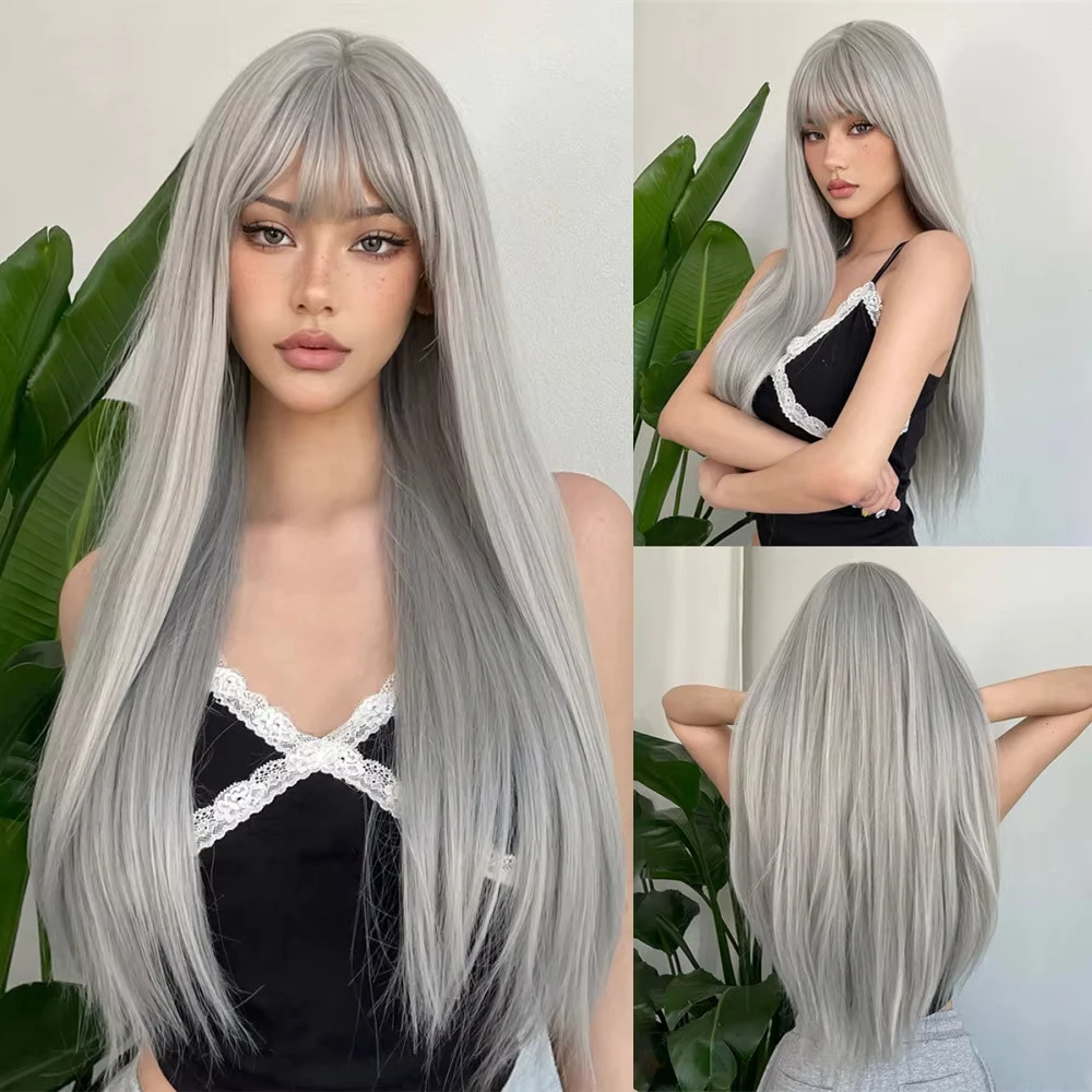 Meistverkaufte Schwarze Synthetische Glatte Lange Perücke für Halloween, Cosplay und Täglichen Gebrauch, Hochtemperatur-Seidenperückenset – Detail 6