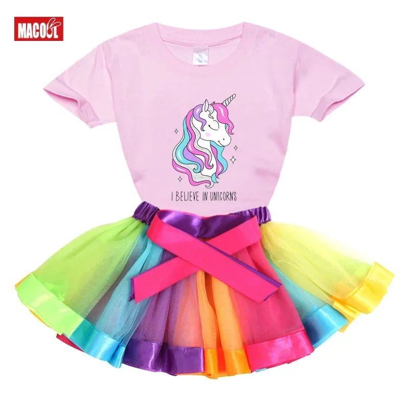 Spódnica dziecięca letnie ubrania dla dziewczynek jednorożec T Shirt + spódnica Tutu dziecięcy strój sportowy dres dla dziewczynek jednorożec zestawy odzieżowe 2-8 lat