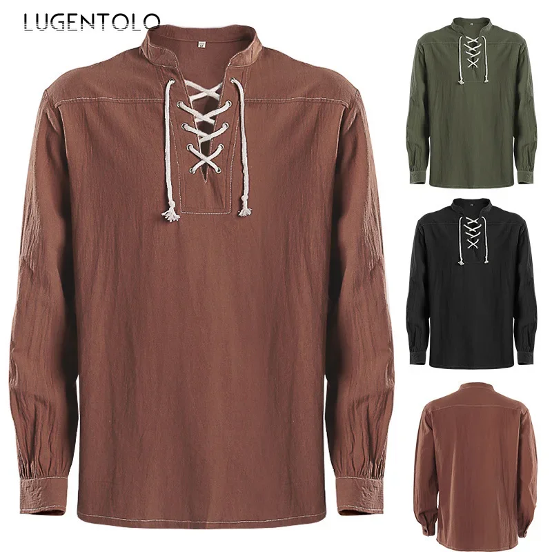 

Men Medieval Costume Shirts Retro Casual Bandage Tshirt Renaissance Top Pirate Underneath Shor-long Sleeve Party Pullover Cloth