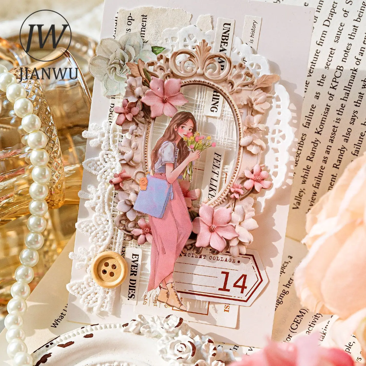 JIANWU-Vintage Relief Oco Material Colagem Cartão, DIY Jornal Papelaria, Decoração Criativa, Flor Espelho Castelo Série, 10 Folhas