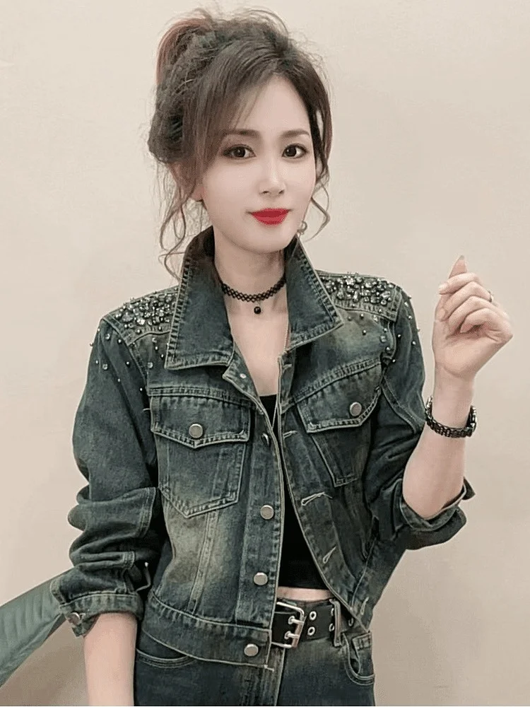 Europäische Waren Strass Schwere Industrie Perlen Denim Mantel für Frauen 2025, Frühjahr Neue Retro Kurze Jacke