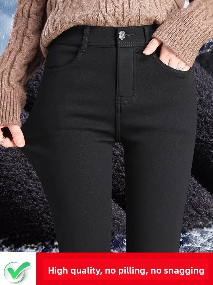 Women's Fleece Lined Thickened Autumn Winter High Waist Slimming Warm Tight Black Pants Long Bottoms for Outer Wear