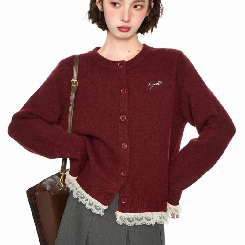 

American Vintage Lace Patchwork Cardigan Women Sweater Streetwear Long Sleeve O Neck Knitted Sweaters Casual Letter Fall Tops