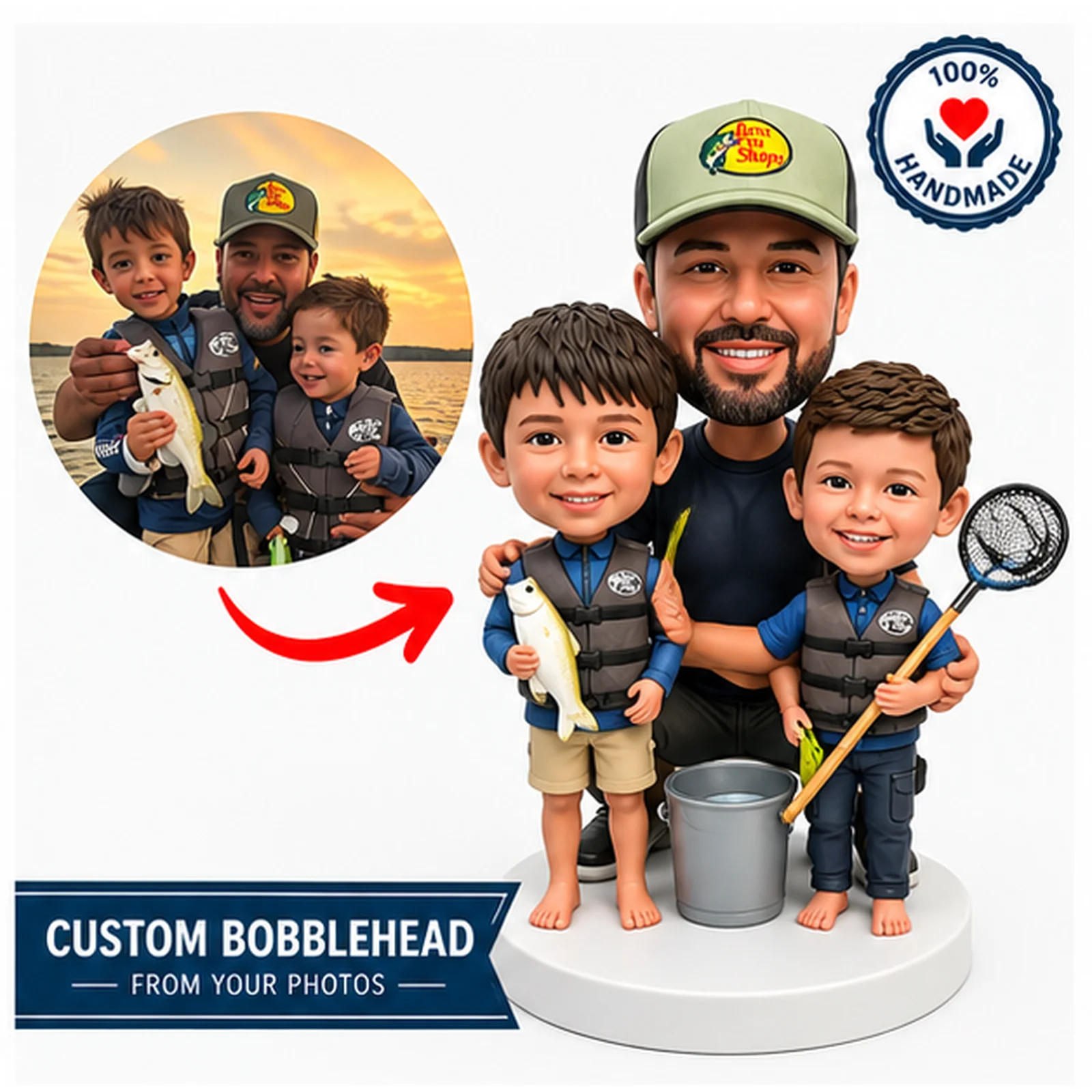 Custom Family Bobbleheads from Photo Personalized Dad and 2 Kids Fishing Figurines Handmade Father's Day Birthday Gift