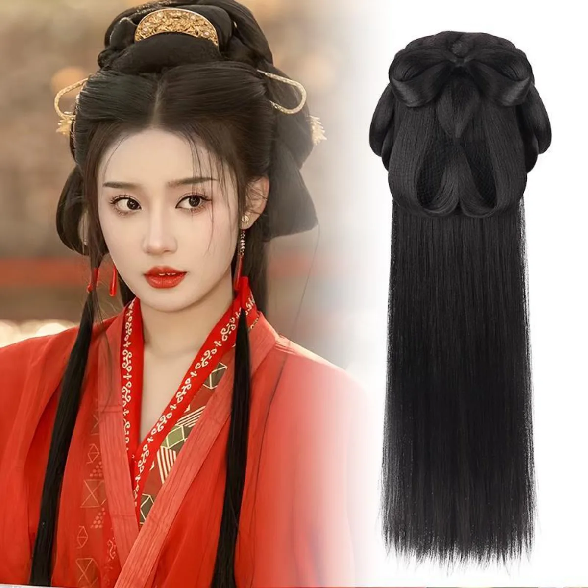 Wei Jin Dynasty Hanfu Wig Integrated Warring States Robe Volume Pad Updo Hair Bun Ancient Style Headwear Women Cosplay