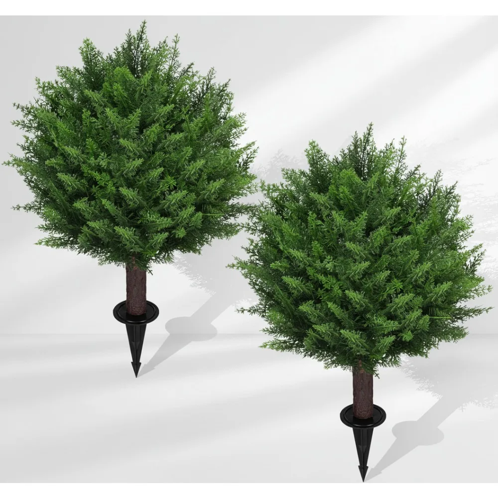 

2-Pack Artificial Cedar Topiary Ball Trees 22" with Ground Spike, UV Resistant Faux Cypress for Outdoor Garden Decor