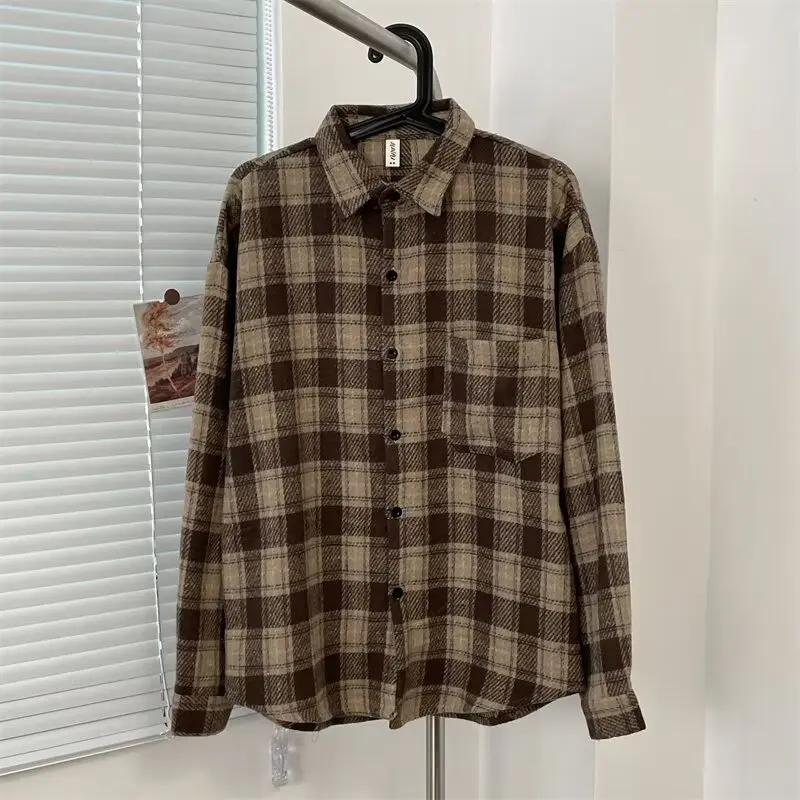 

Summer Large Size Men's Casual Plaid irt Vintage Long Sve Floing Coat Trendy Brand Loose Fit Polyester Spring Autumn