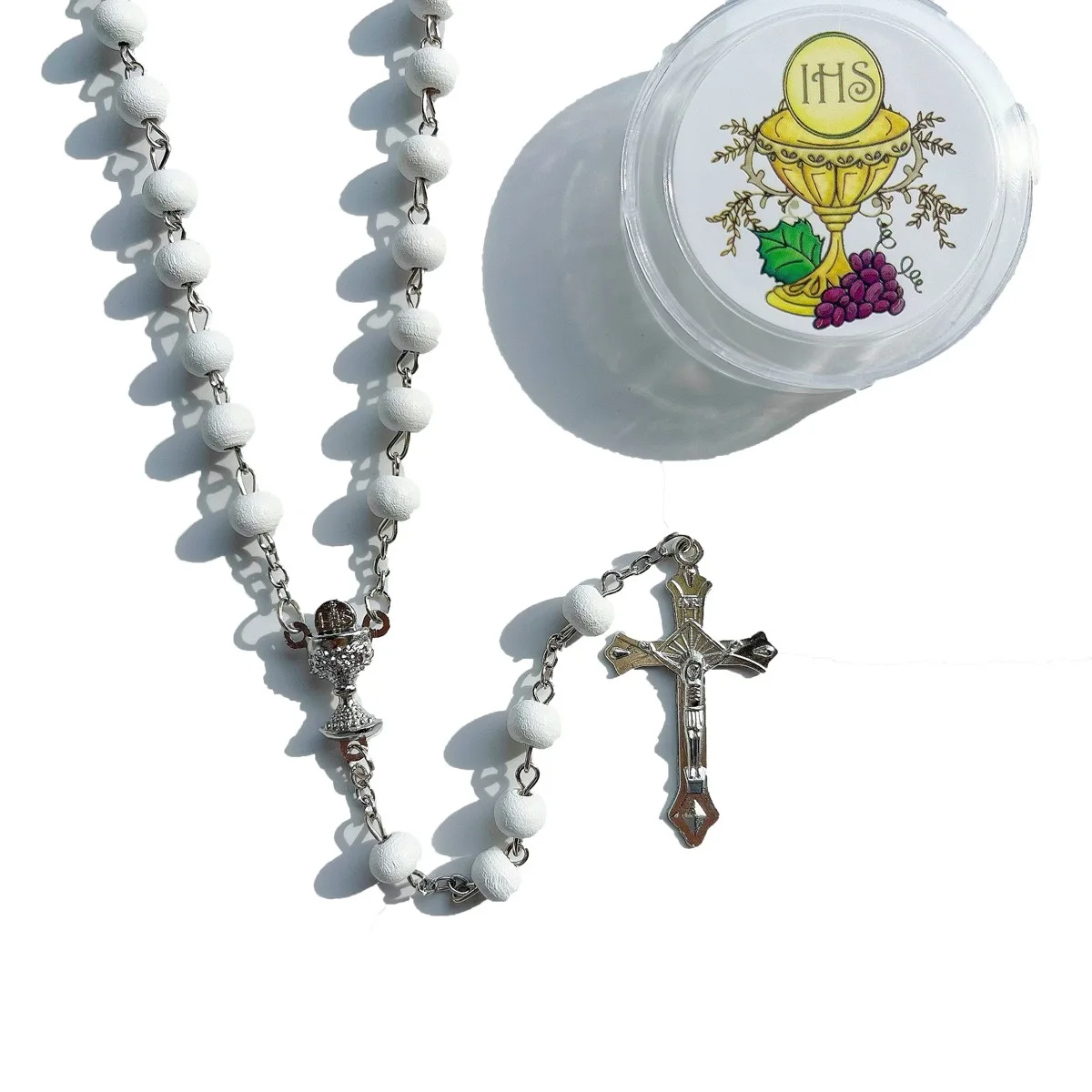 12-piece set of hexagonal box wooden rosary necklace, Holy Grail IHS cross baptism, religious gifts for men and women view 4