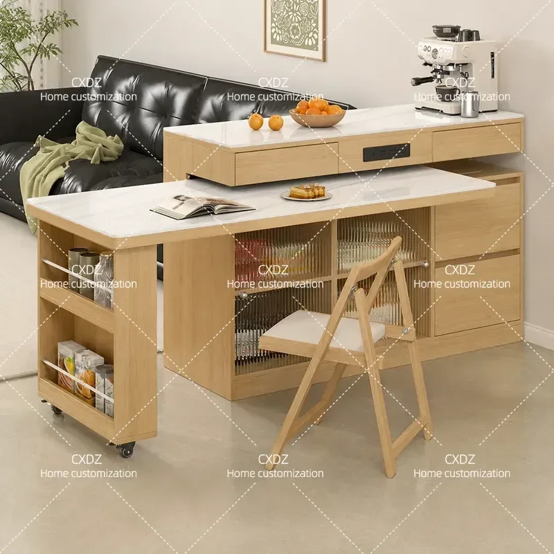 Rotatable Solid Wood Kitchen Island Table with Side Cabinet Integrated Dining Table for Open Kitchen Modern Furniture