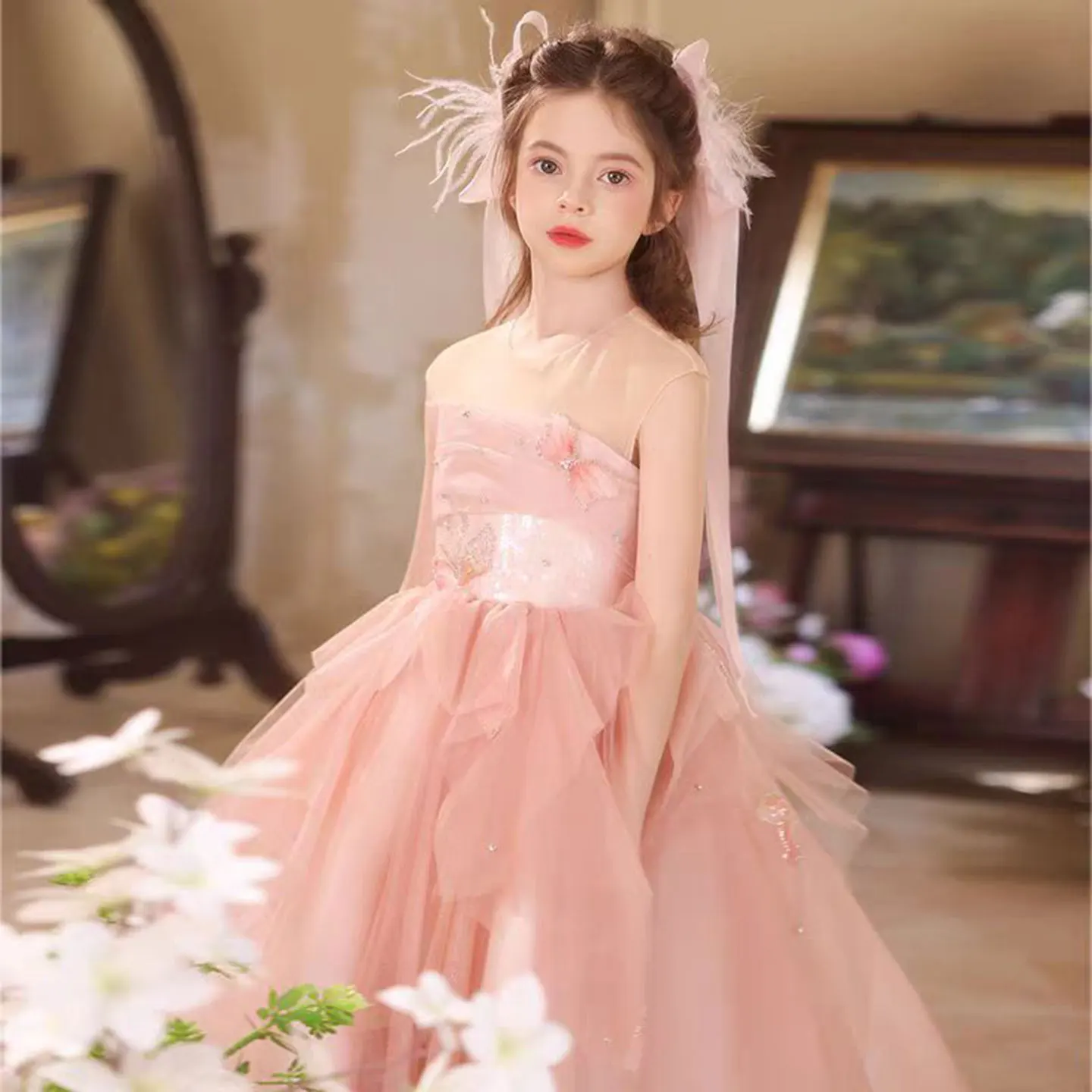

Jill Wish J527 Elegant Pink Beading Flowers Girl Dress with Bow Sequined A-Line Princess Wedding Birthday Party Evening Gown