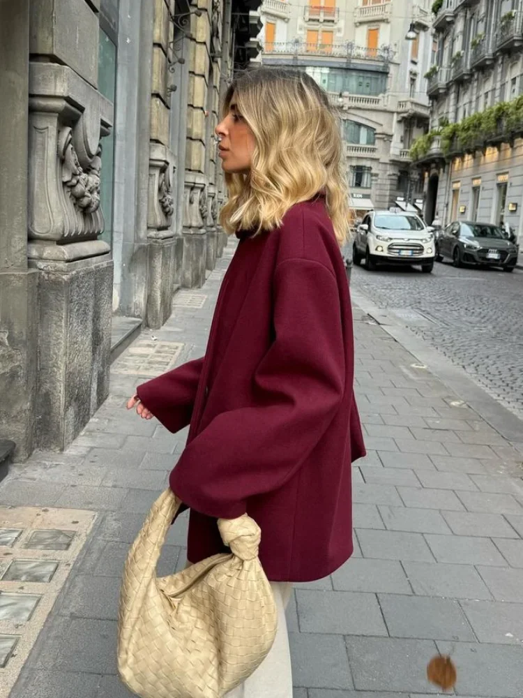 Chic Burgundy Scarf Collar Wool Blends Coats Women Elegant Single Breasted Pocket Suit Jacket 2024 New Lady Commute Outerwears