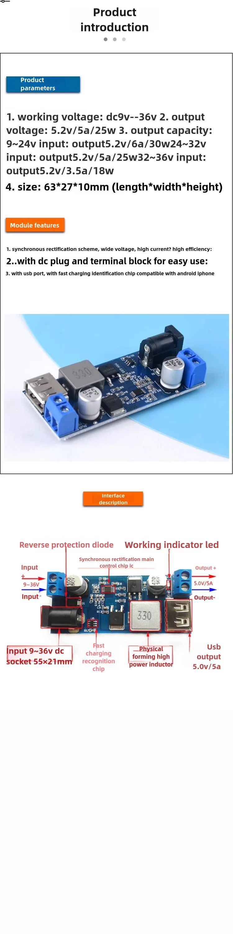 DC-DC 24V 12V auf 5V 5A Step-Down-Buck-Konverter Stromversorgungsmodul USB-Regler Einstellbar Ersetzt LM2596 Lademodul – Detail 1