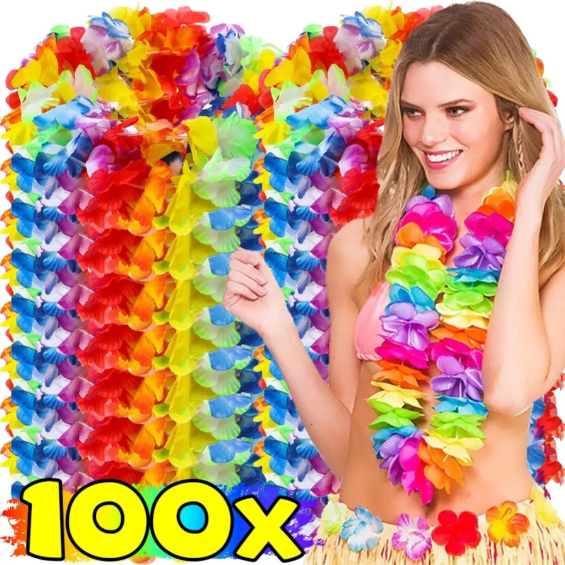 

100/5pcs Hawaiian Artificial Flower Wreath Necklace Summer Tropical Beach Theme Party Garland Wedding Birthday Party Decoration