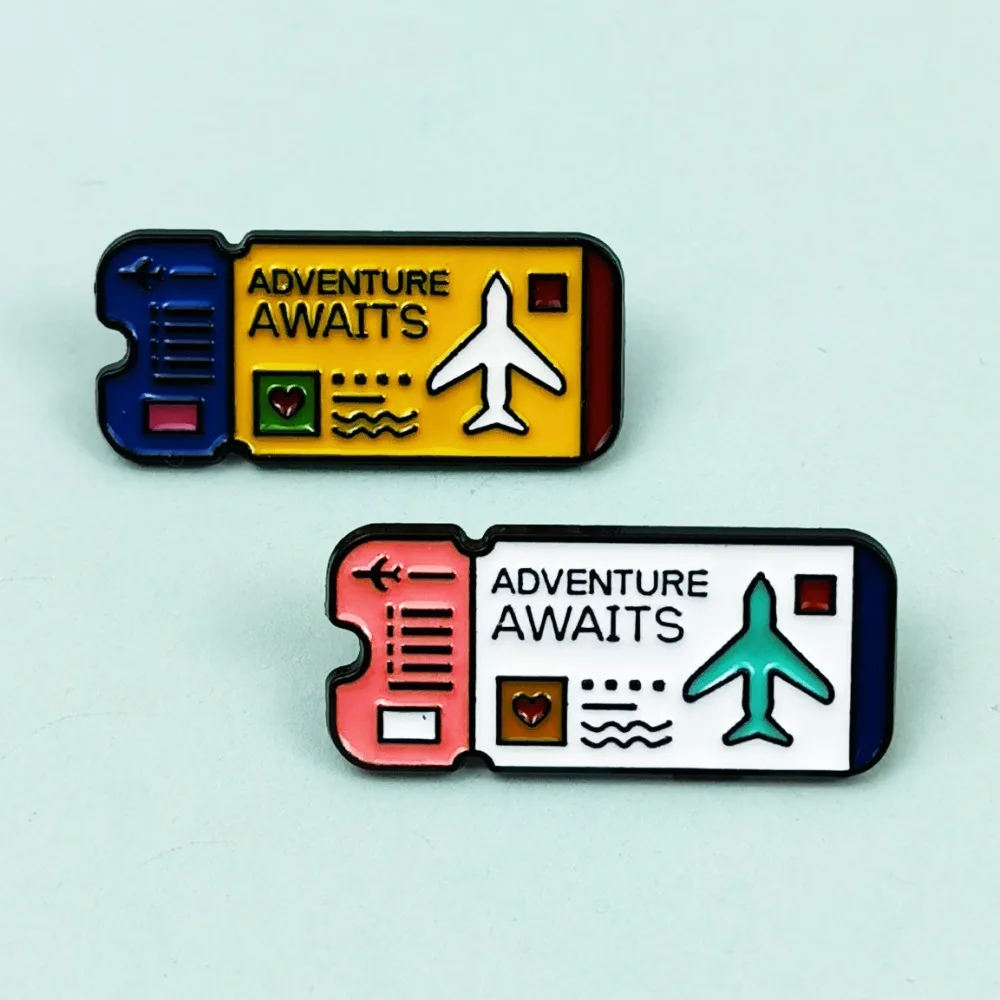 Adventure Awaits Airplane Ticket Enamel Pins Creative Travel Theme Metal Brooch Lapel Badge for Jacket Backpack Decor Gift