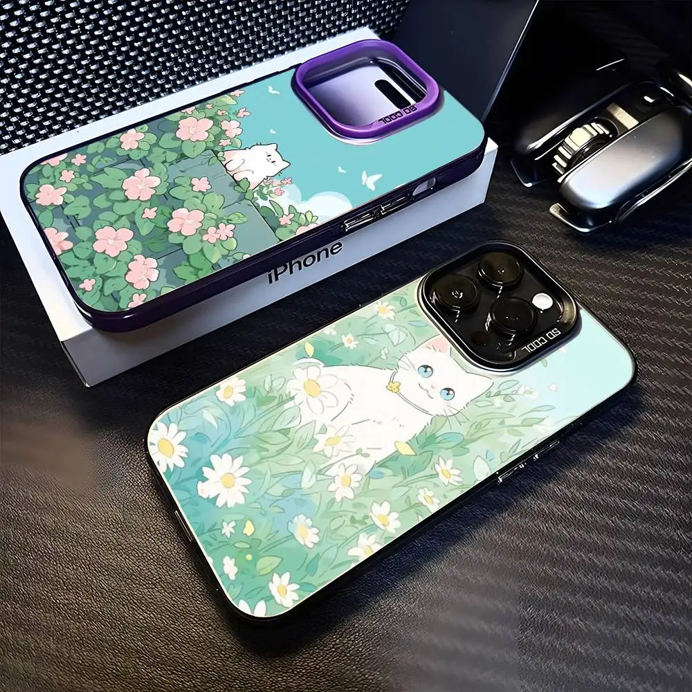 

Cartoon White Cat In The Lawn Phone Case For iPhone 16,15,14,13,12,11,Mini,Pro,MAX Purple Matte Shockproof Cover