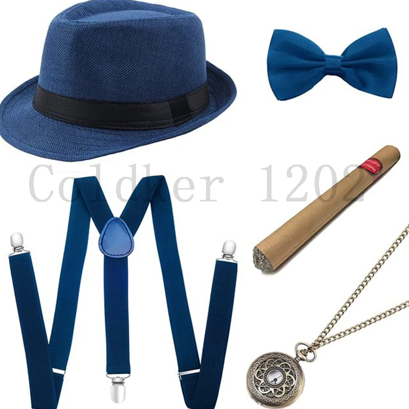 Nave libera Halloween 1920s Mens Gatsby Gangster accessori Set Panama cappello bretella papillon 20s Great Gatsby accessori Cosplay