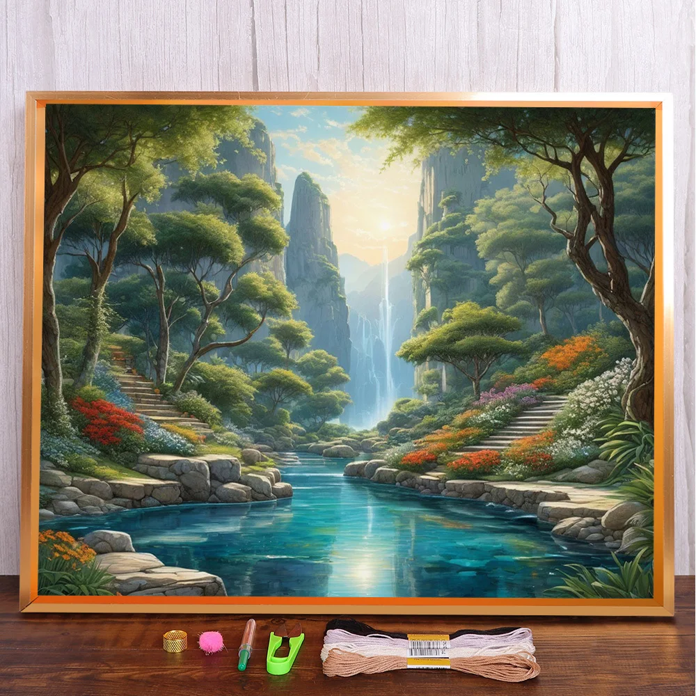 Landscape River In Mountain Cross-Stitch Embroidery Set Sewing Knitting Handicraft Needlework Promotions Home Decor Jewelry