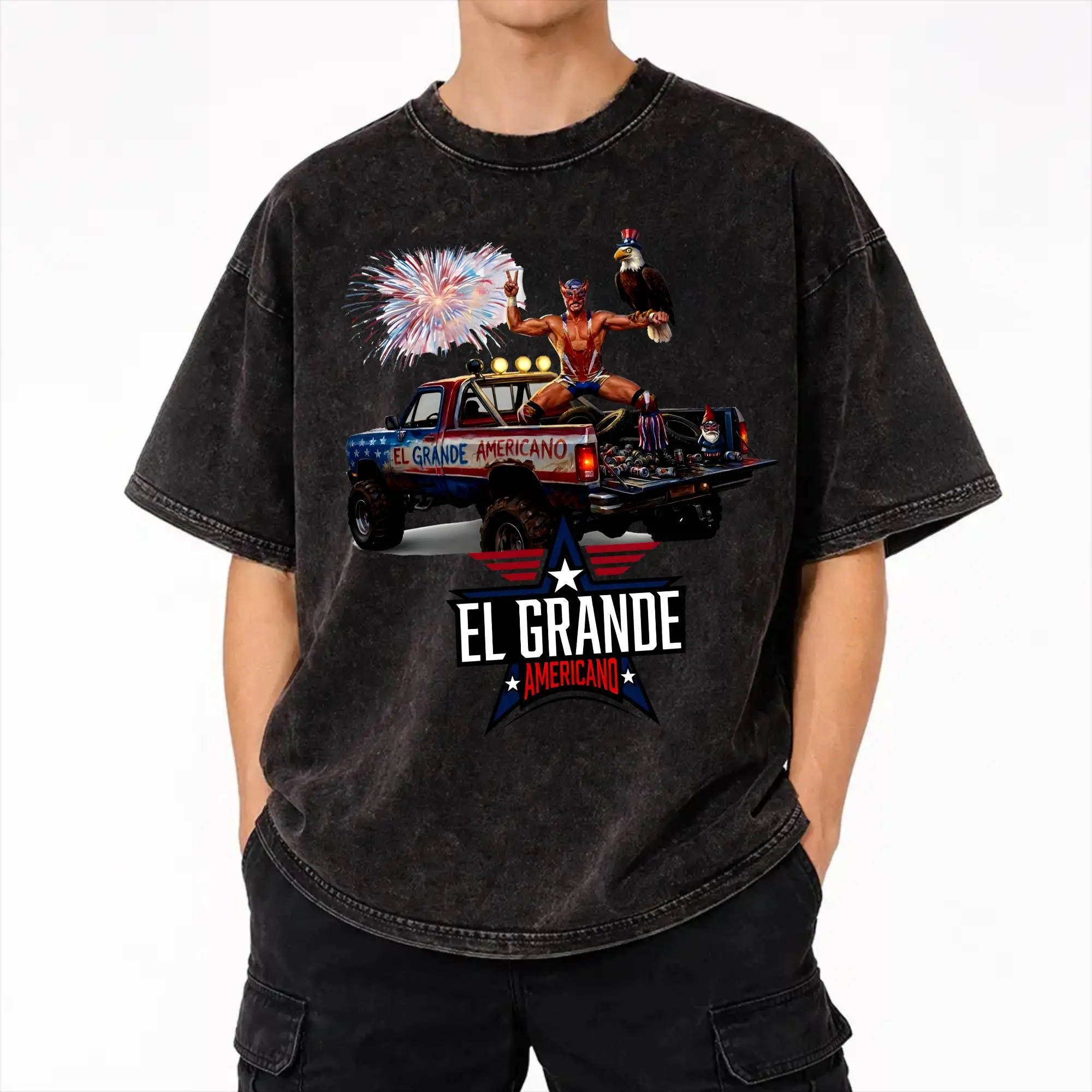 Harajuku Washed Shirt El Grande Americano Pro Wrestling  Outfit Vintage T Shirt High Street  Streetwear Short Sleeve