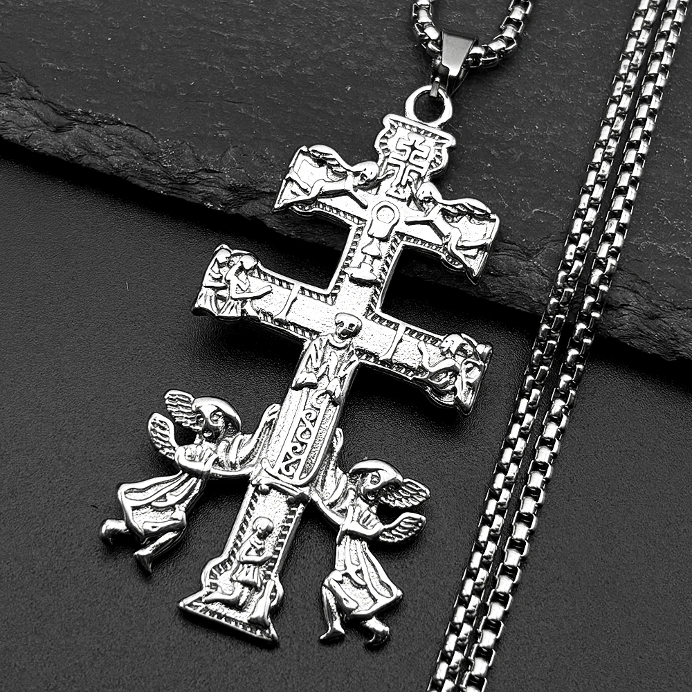 Collar con Colgante de Cruz de Caravaca INRI Católica, Jesús Crucificado, Querubín Ángel, para Mujeres y Hombres, Acero Inoxidable, Joyería Ortodoxa, Regalo