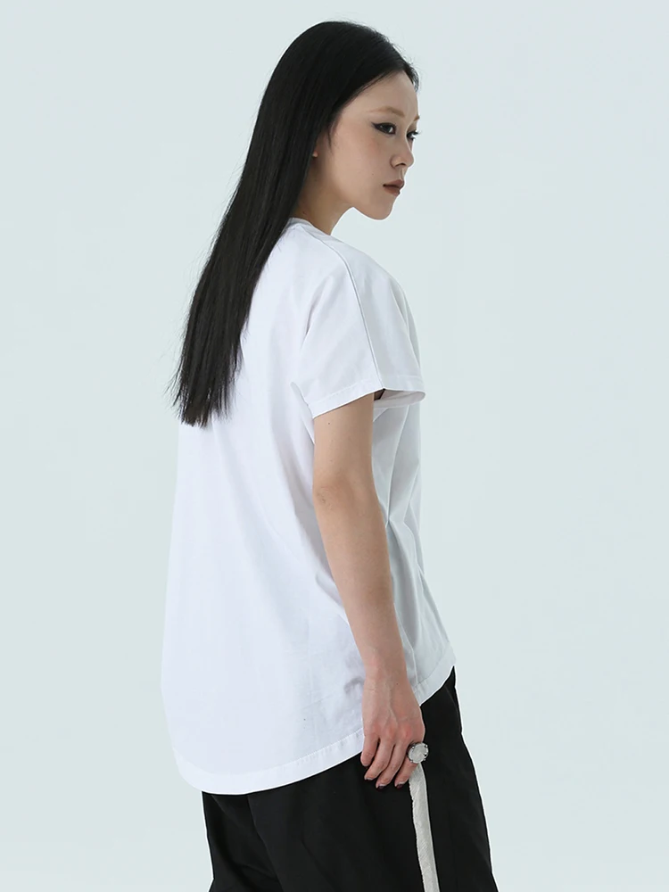 [EAM] Women White Back Long Brief Big Size Casual T-shirt New Round Neck Short Sleeve Fashion Tide Spring Summer 2024 1DH4950