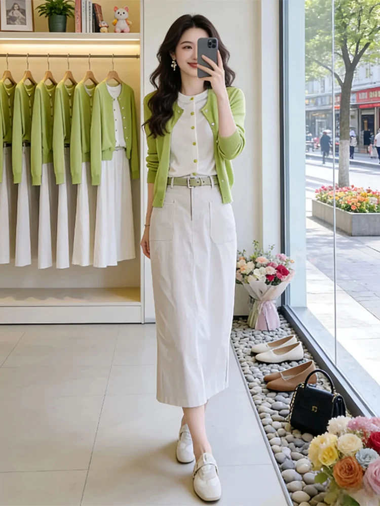 

Early Spring Elegant Knitted Set Green Open Cardigan And Chestnut Skirt Women's Fashion Two-Piece Suit Casual Style Spring Co...