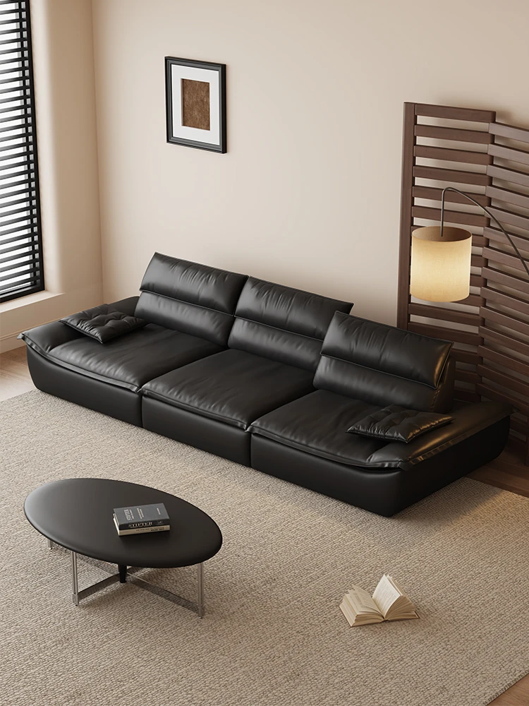 Sailing sofa with adjustable high backrest, ultra-deep and wide sitting room, straight silicone leather black sofa.