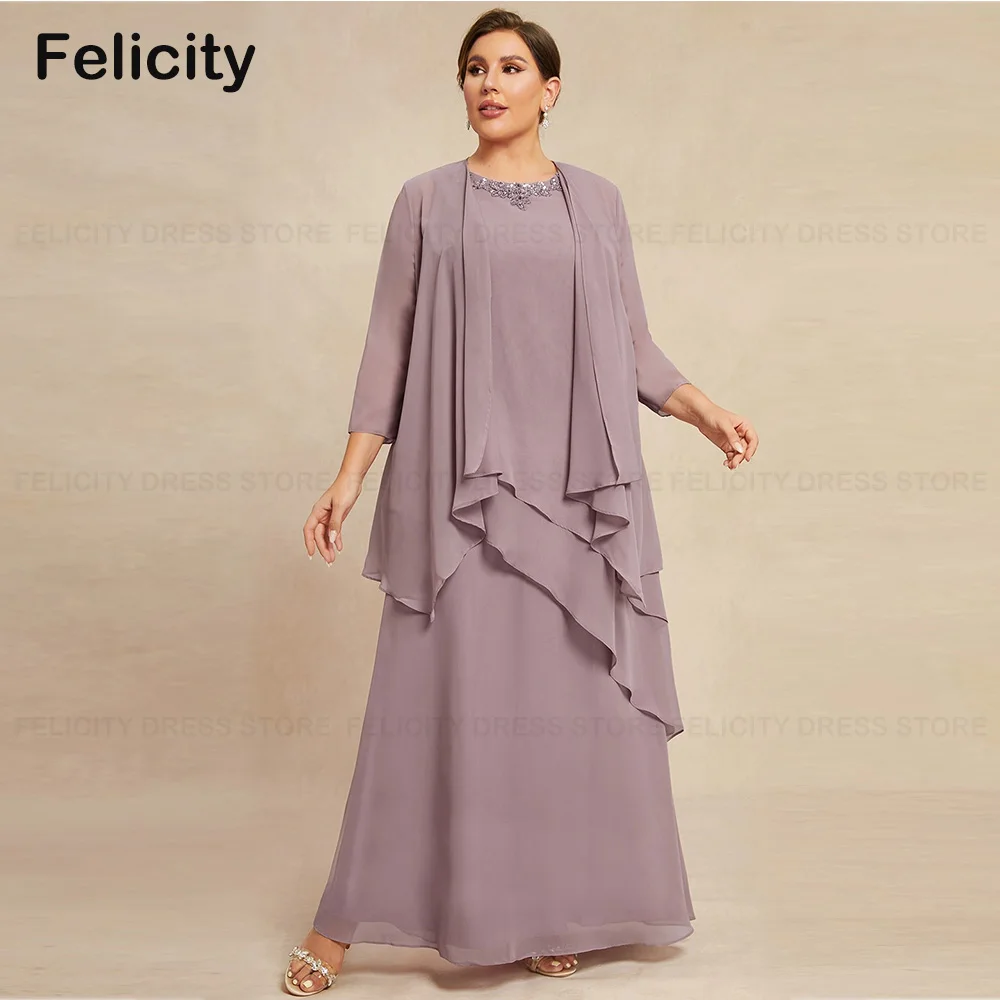 Simple Plus Size Two Piece Mother of the Bride Dresses 2023 A-line Scoop Floor-Length Chiffon Beadings Wedding Party Dresses