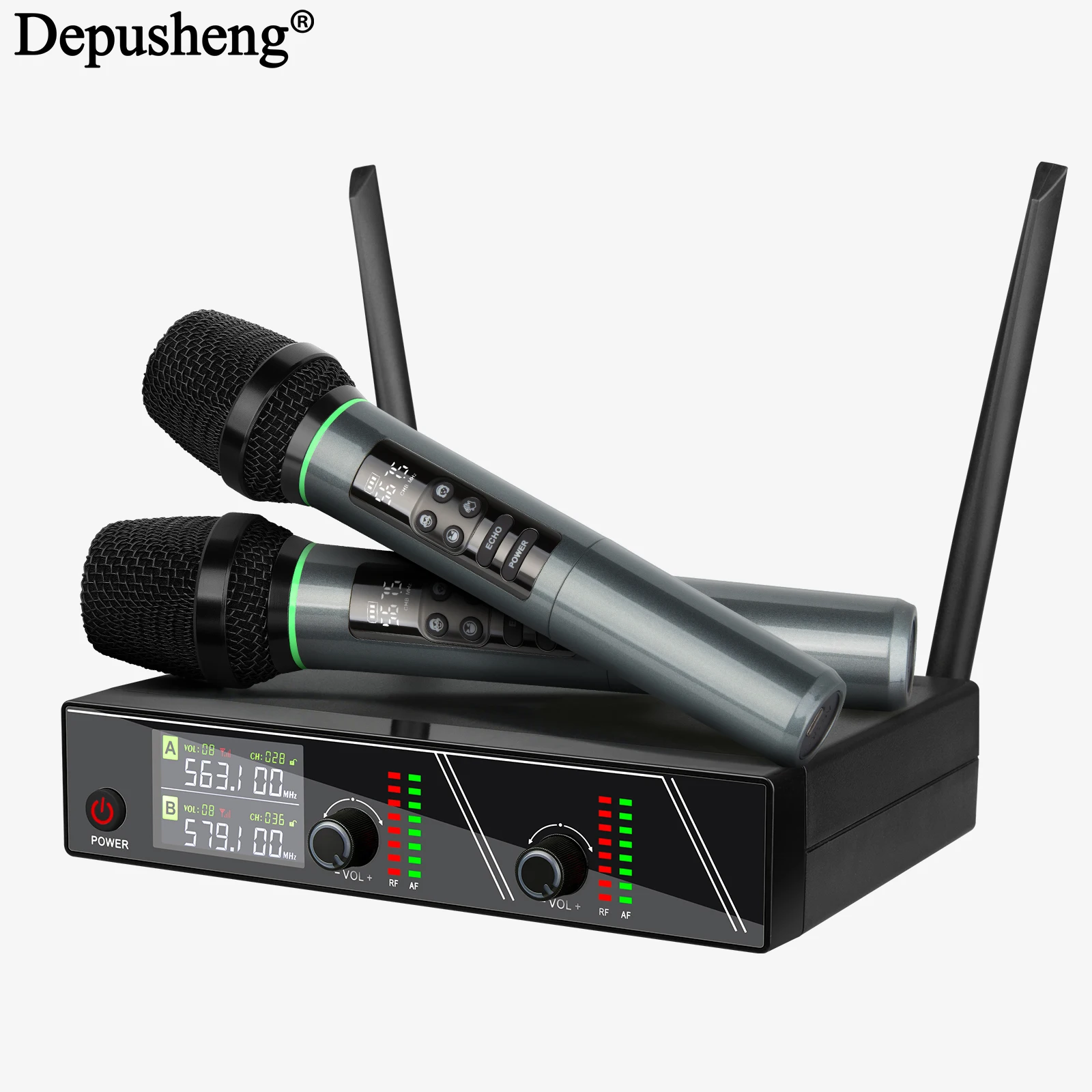 Professional 4-Channel Wireless Microphone Set – Active Noise Cancelling, Reverb-Adjustable, Built-In Sound Card Depusheng