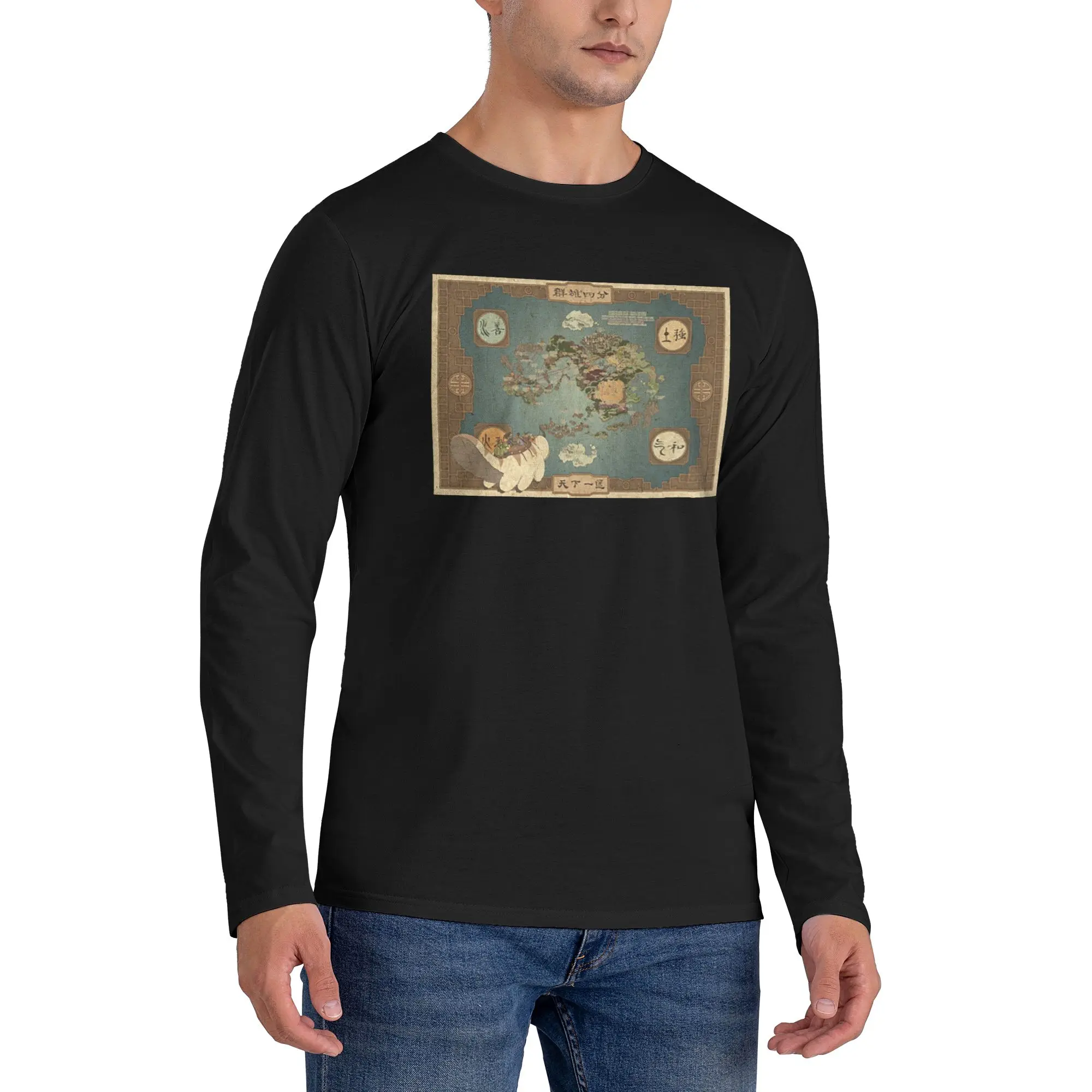 

Avatar the last air bender map Men's Long Sleeved T-shirt Breathable Round Neck T shirts Spring and Autumn Men tops