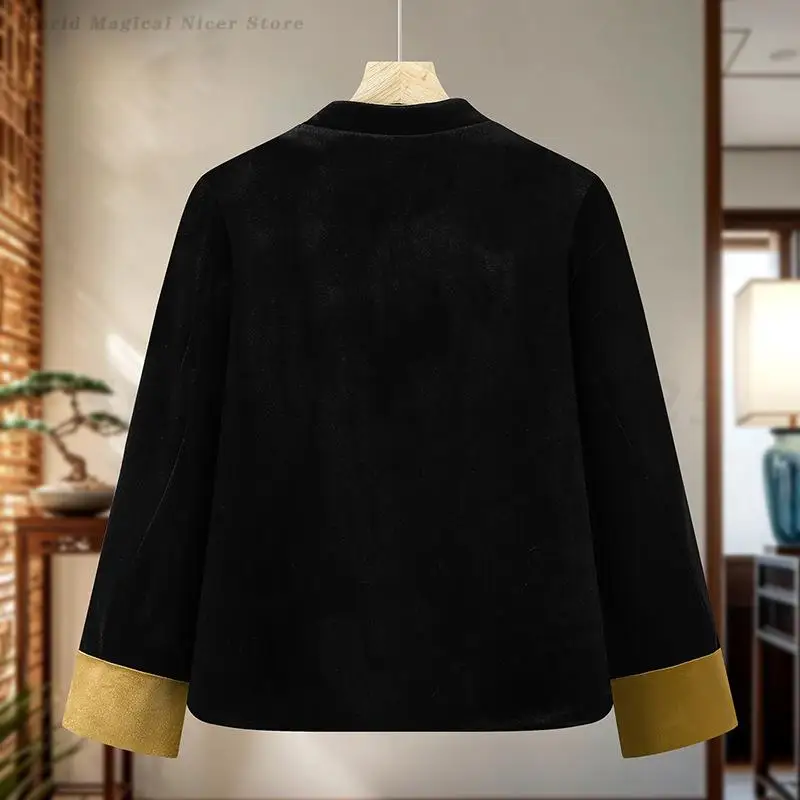 المرأة المخملية سترة النمط الصيني الرجعية الخريف الشتاء معطف دافئ تانغ زي أعلى أنيقة طويلة الأكمام التطريز ملابس خارجية