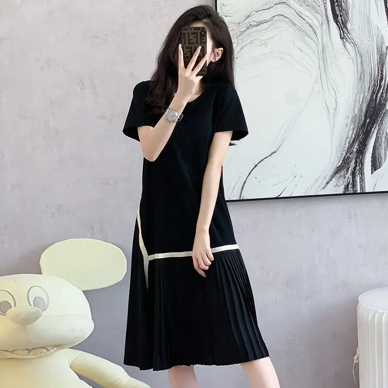 Temperament A-line Short Sleeve Dress Women\'s Summer New Fashion Black Patchwork Pleated Skirt