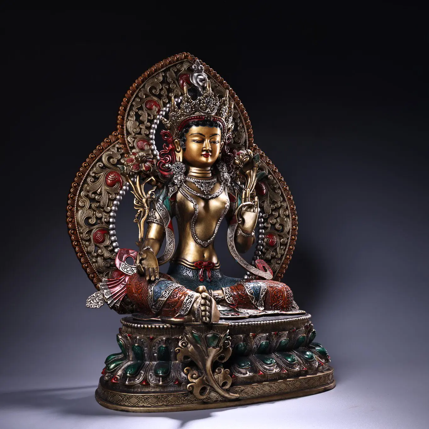 Old Copper Painted Gold Highlight Green Tara Statue Serene Face Heavy Patina Fine Craftsmanship