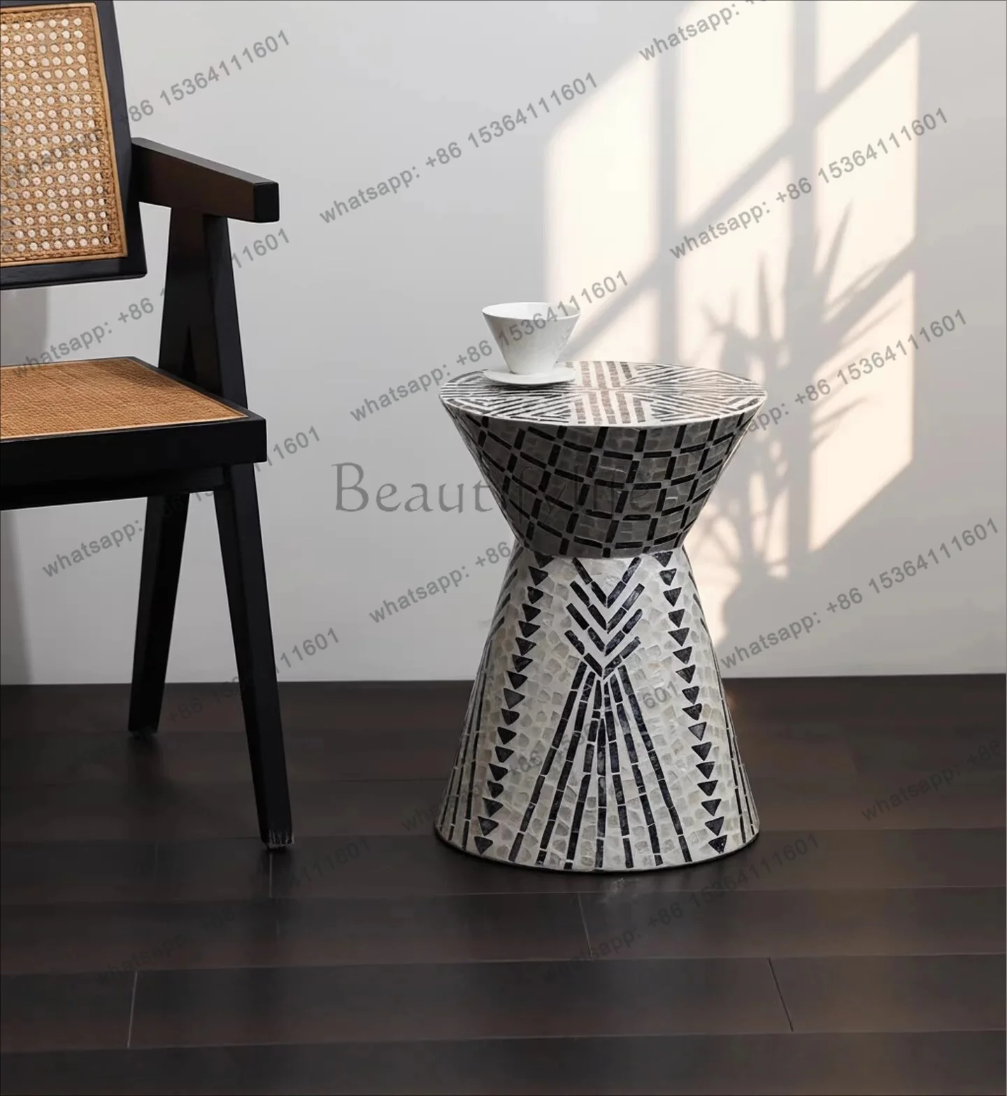 Imported shell-embedded drum bench side table, movable handmade art corner table
