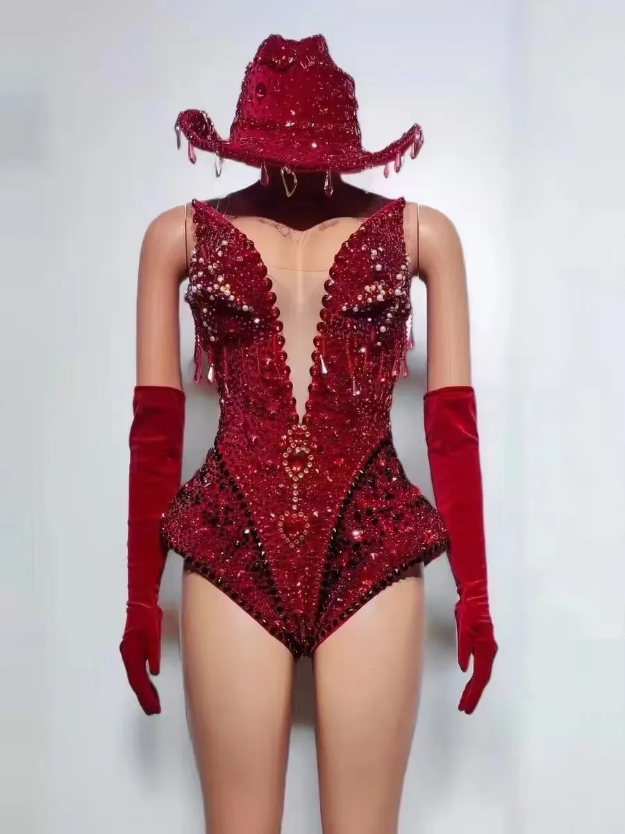 Sexy Rhinestone Tassel Club Party Bodysuits Hats Gloves 3 Piece Sets Festival Outfit Women Stage Showgirl DJ Dancer Leotard