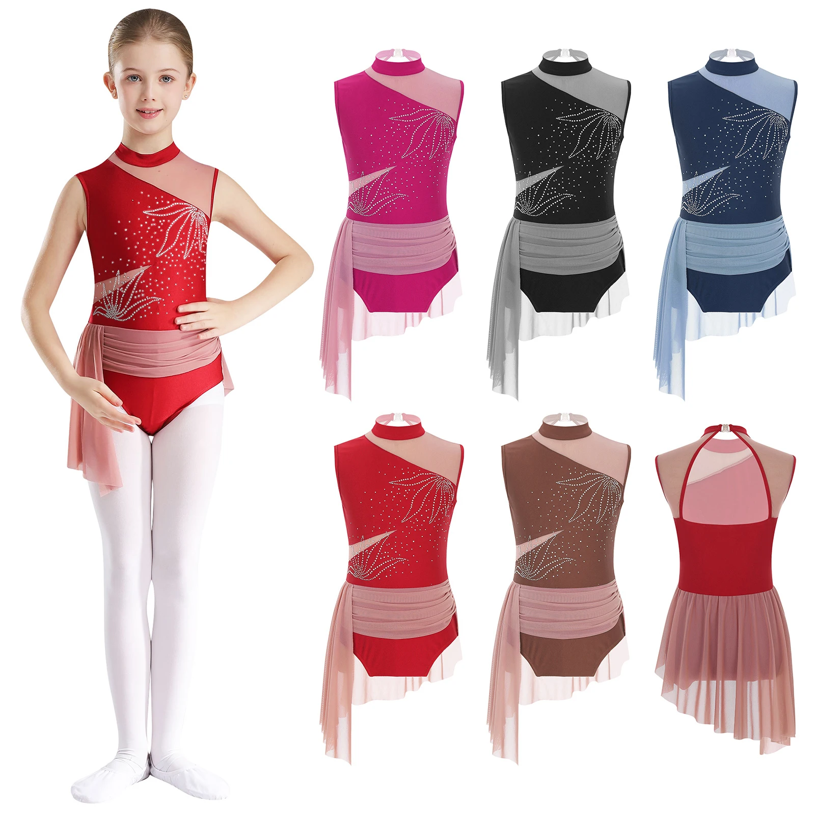 Kids Girls Gymnastics Figure Skating Ballet Dance Costume Sleeveless Shiny Rhinestone Sheer Mesh Leotard Performance Dancewear