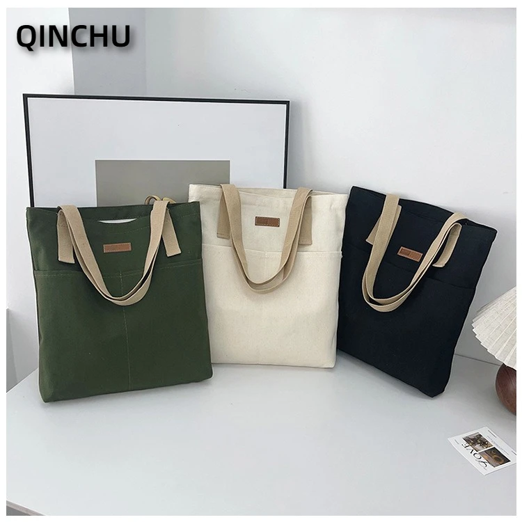 QINCHU Large Capacity Canvas Bag Korean Edition Women's Trendy Simple Shoulder Bag