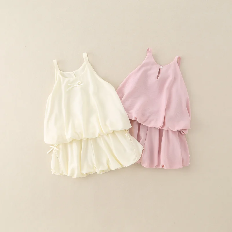 

New Summer Outfit for Girls: Cute Baby Girl's Sleeveless Solid Color Top with Straps and Stylish Bud Shorts Two-Piece Set