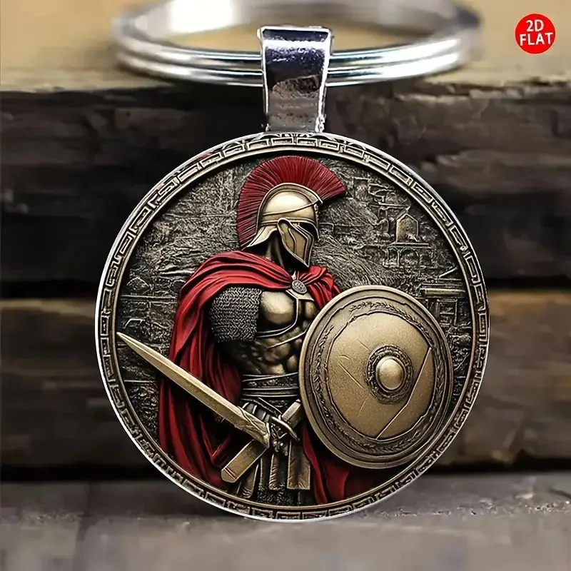 Retro Knight Warrior Helmet Keychain Men Glass 2D Flat Handbag Car Key Hanging Keyring Viking Riding Boyfriend Gift Accessories