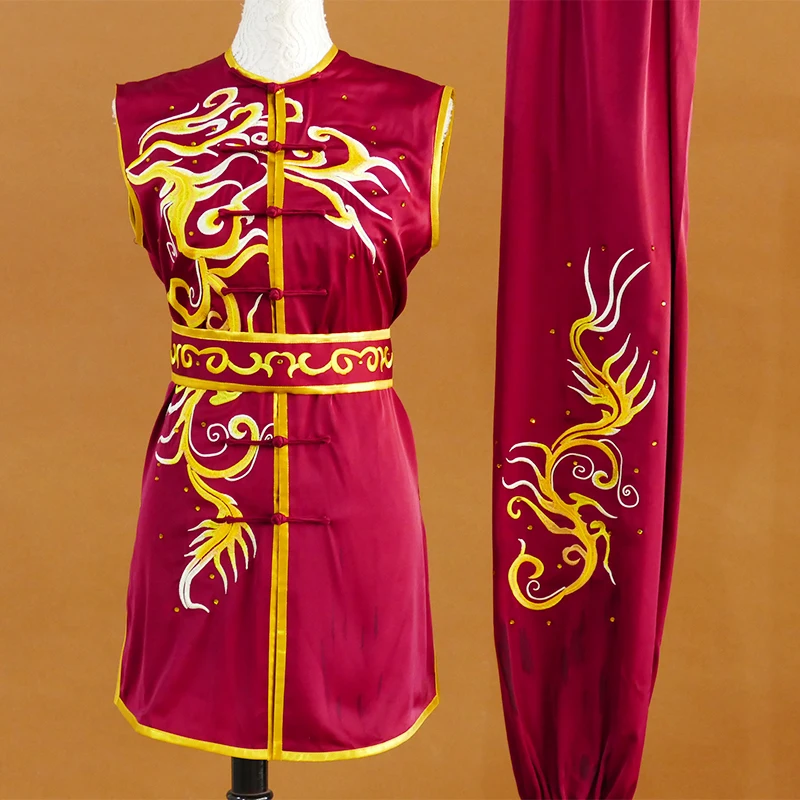 

Custom Tailored Kung Fu Long Fist and Tai Chi Martial Arts Uniform for Competition Embroidered Wine red Clothes