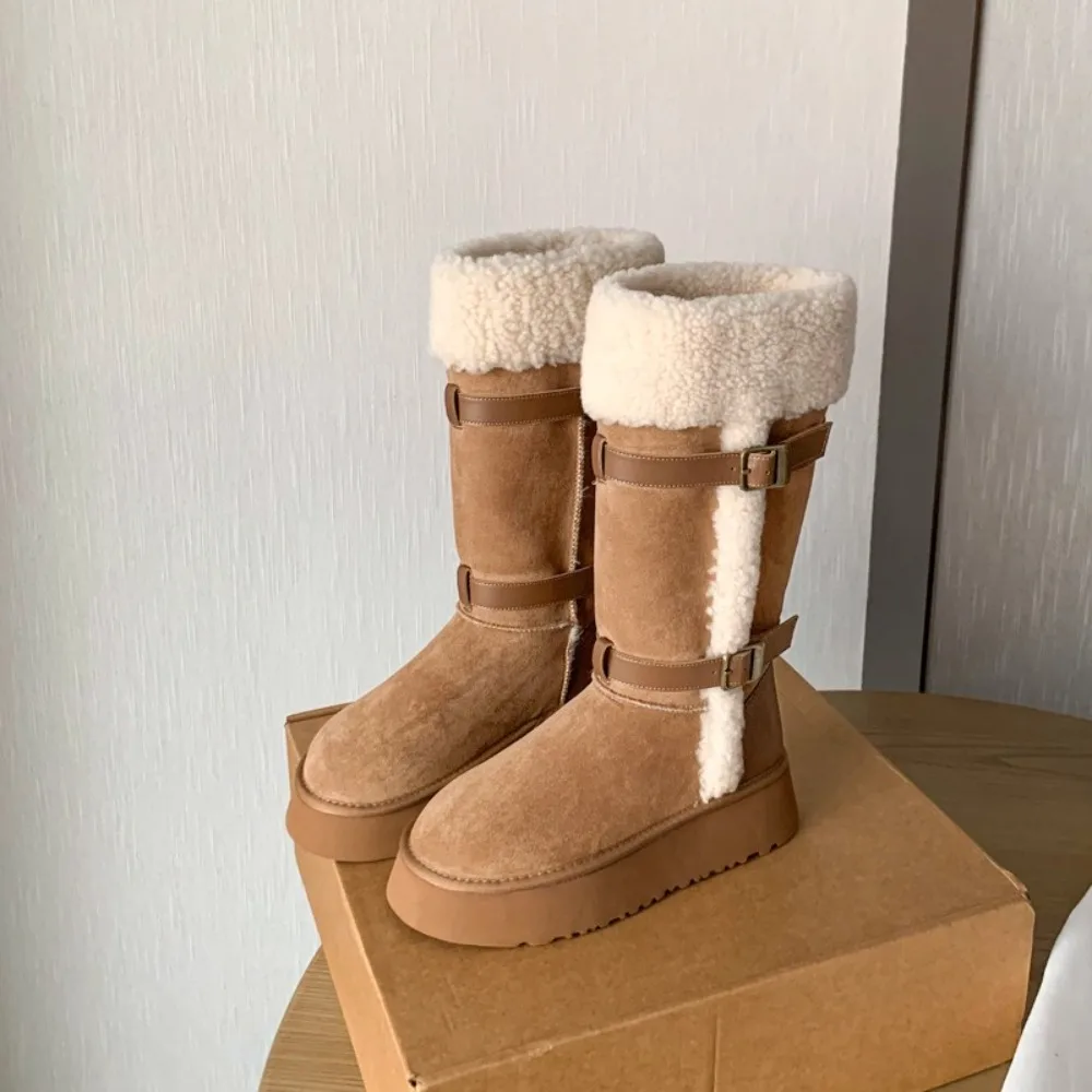 2025 Autumn and Winter New Sheep Fur One Warm Snow Boots Large Long Tube Knight Boots Women's Wool Large Cotton Shoes