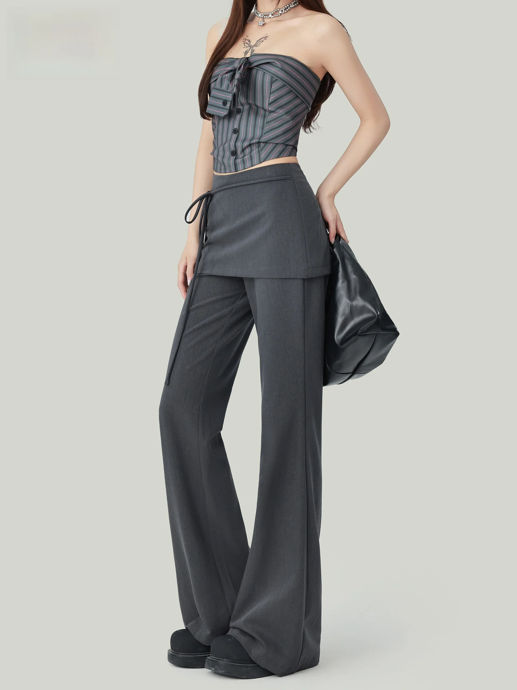 

Серые женские брюки с высокой талией, микро-клеш, повседневные, для ранней осени, новый стиль, стройнящие, струящиеся, с поясом, прямые, расклешенные к низу